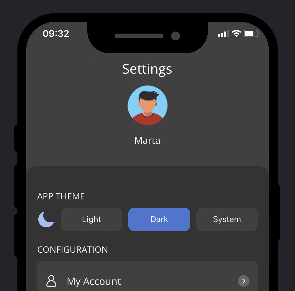 iotty app available in light and dark theme for easy reading and battery saving