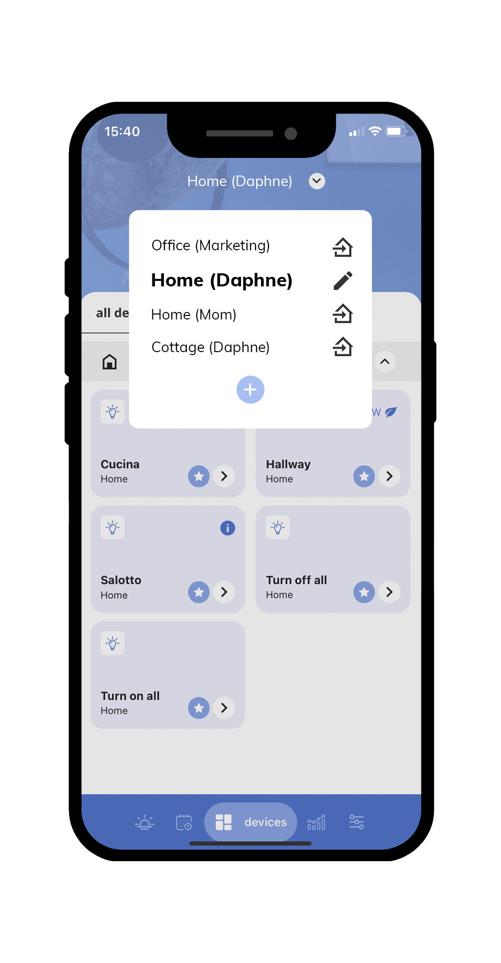 Official iotty app available on iOS and Android easy to use to manage your home automation devices in different homes and offices
