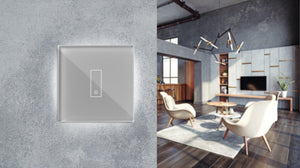 Grey backlit wifi smart switch. Three touch buttons in tempered glass. Premium design for the stoneware living room.