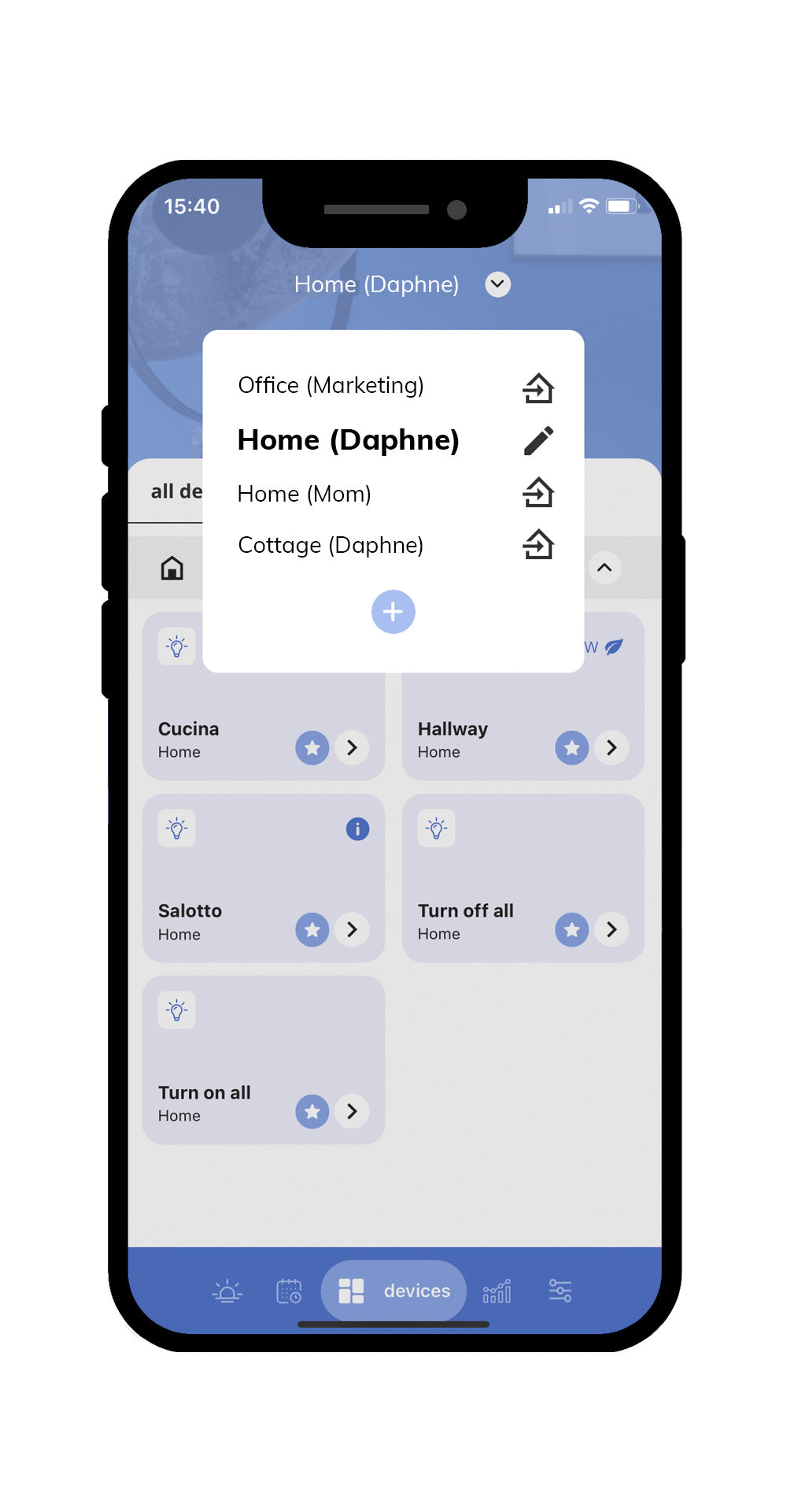 Official iotty app available on iOS and Android easy to use to manage your home automation devices in different homes and offices